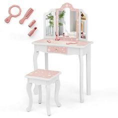 a white vanity with pink accessories and a mirror on the top shelf next to it