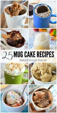 the top five mug cake recipes for breakfast, desserts and desserting with text overlay