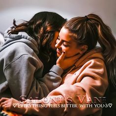 two young women hugging each other in front of a computer screen with the caption, valentine's day is everything better with you?