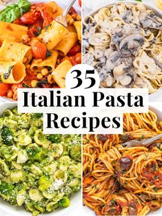 five different pasta dishes with the words, italian pasta recipes in four pictures above them