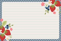 a blue and white checkered border with strawberries, flowers and berries on it