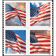 four postage stamps with the american flag flying in front of blue sky and white clouds