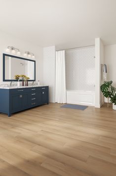 a bathroom with wood flooring and white walls is pictured in this image, there are two mirrors on the wall