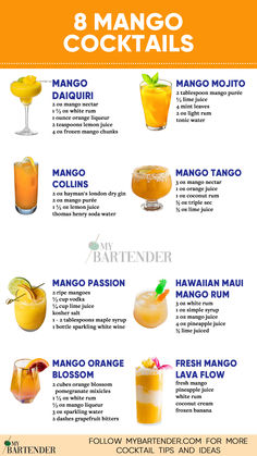 Mango Cocktails Mango Cocktails, Food For Fitness, Mango Vodka, Mango Cocktail, Cocktail Sauce Recipe, Mango Rum, Mango Drinks