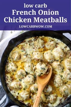 a skillet filled with chicken meatballs and cheese