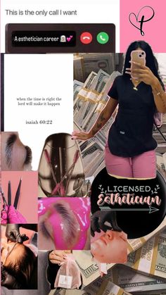 a collage of photos with pink and black