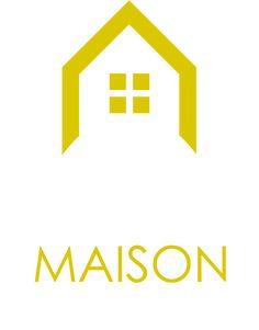 the logo for maison is shown in yellow and black on a white background with an orange house