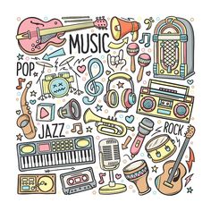 hand drawn musical instruments and music symbols