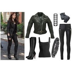 a woman in black leather clothes and boots