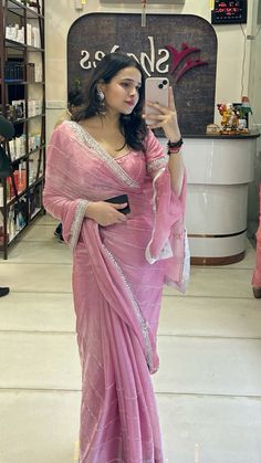 #saree #bridesmaid Pink Saree With Pink Blouse, Blouse Design For Girls Saree, Sarees For Bridesmaids, Pink Tissue Saree Blouse Designs, Embroidered Organza Saree, Blouse With Pink Saree, Pink Tissue Silk Saree, Jimmy Choo Saree Blouse Design, Saree For Girls Wedding