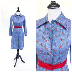 "Whimsical vintage dress from the 1970s! Super soft cotton/poly blend pale blue denim look with all over print of red equestrian riding boots! Super flattering seaming with contrasting red top stitching. Semi fitted with raglan cut sleeves and button placket that runs just past the waist. Wide inset pleat center front of a-line cut skirt. Belt loops, but no belt. Shown with red belt, not included. Labelled Martina for Ermar Fashions California. Dress is in very good condition with no notable fla Draped Silk Dress, Cocktail Suit, Equestrian Riding Boots, Equestrian Riding, Vintage Suits, Red Belt, Red Bandana, Riding Boot, Skirt Belt