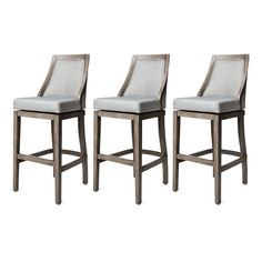 two gray upholstered barstools against a white background