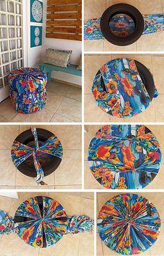 several pictures of different designs and sizes of umbrellas on the floor in front of a door