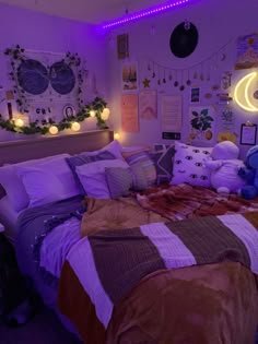 a bed room with a neatly made bed and purple lights