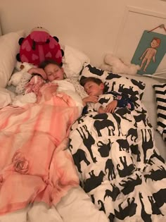 two children sleeping in bed under blankets with animals on them and ladybug decorations