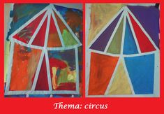 two colorful paintings with the words thema circus written below each one in red, white and blue