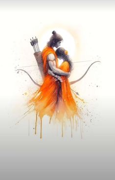 an artistic painting of two people hugging each other