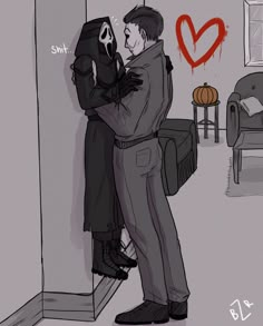 a drawing of a man hugging another man in a room with a heart painted on the wall