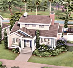 this is an artist's rendering of a house in the country side with trees and shrubs