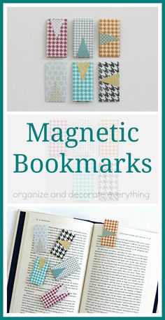 an open book with the title magnetic bookmarks organized and decorated in different patterns on it