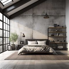 a bedroom with concrete walls and large windows