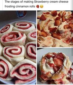 three different pictures with strawberries and cream rolls in them, one has strawberrys on it