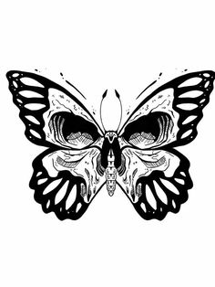 a black and white drawing of a butterfly with skulls on it's back wings