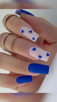 Cute Royal Blue Nails For Prom, Hoco Nails To Go With A Royal Blue Dress, Nails For A Royal Blue Dress, Royal Blue Gel Nails Ideas, Nail Art On Blue Nails, Royal Blue Valentines Nails, Cute Hoco Nails For Blue Dress, Nails Inspiration Blue And White, Royal Blue Design Nails