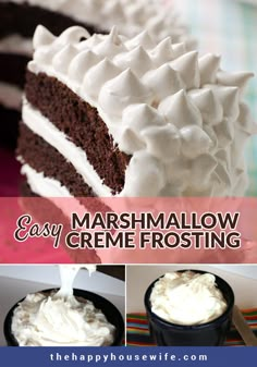 a collage of photos showing the steps to make a marshmallow creme frosting cake