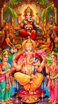 the lord ganesha with his family and friends in front of him, surrounded by other