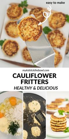 collage of cauliflower fritters, healthy and delicious with text overlay