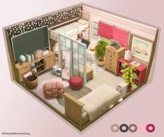 an overhead view of a bedroom and living room in a doll house with furniture on the floor