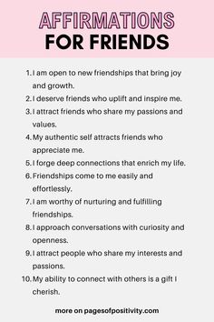 a pin that says in a large font Affirmations for Friends Manifestation For Friends, Special Person Affirmation, Affirmation For Friendship, Friend Affirmations Quotes Motivation, How To Attract Friends, Words Of Affirmation For Best Friend, Manifest A Friend, Manifesting Good Friends, Positive Daily Affirmations For Friends