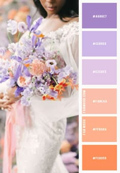 a woman holding a bouquet of flowers in front of a color scheme for the wedding