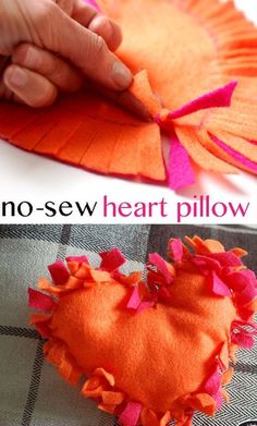 someone is making a heart pillow out of felt and then it's sewn