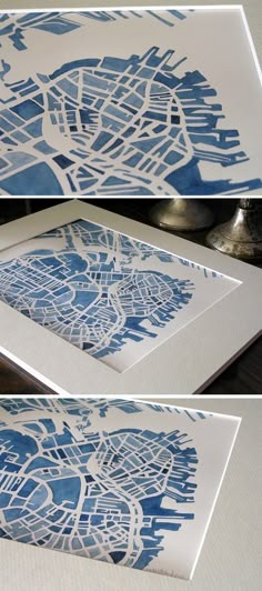 two pictures of blue and white city maps, one is in the process of being printed