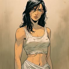 a drawing of a woman with long black hair wearing a white top and skirt, standing in front of a wall