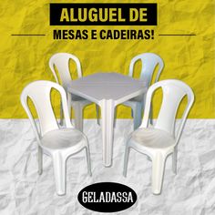 a table and four chairs sitting in front of a yellow background with the words alugule de mesas e caderias