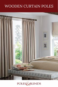 Window with full-length beige curtain and wooden curtain poles Wooden Window Treatments, Curtains In Bedroom, Natural Wood Stains, Bedroom Colours, Wood Stains