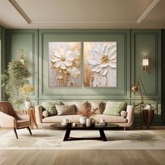 a living room with two couches and paintings on the wall above them in green tones