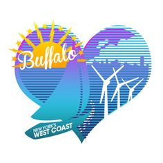 a heart shaped with the words buffalo and wind mills in it's center, as well as an image of windmills