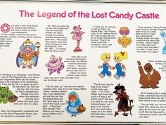 the legend of the lost candy castle book is opened to show information about its characters