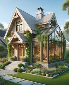 a large house with lots of windows and plants on the front porch, surrounded by greenery