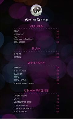 a menu for a party with purple lights