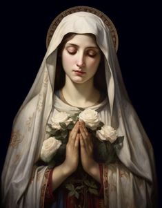 the immaculate mary with roses on her hands and eyes closed, in front of a black background