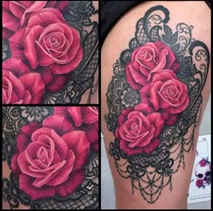 some pink roses on the side of a woman's thigh, and one is in lace