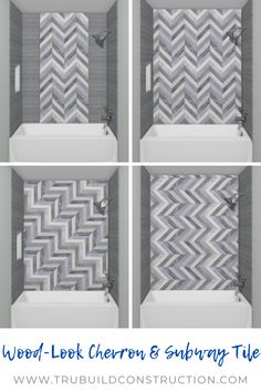 four different views of a bathroom with gray and white tiles on the shower wall, tub, and sink