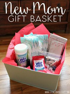 the new mom gift basket is full of goodies