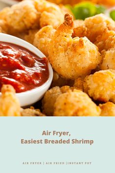 air fryer, easy breaded shrimp recipe with marinara sauce and dipping sauce