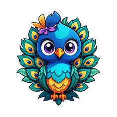 a cartoon blue bird with big eyes and a bow on its head is sitting in the middle of a leafy branch